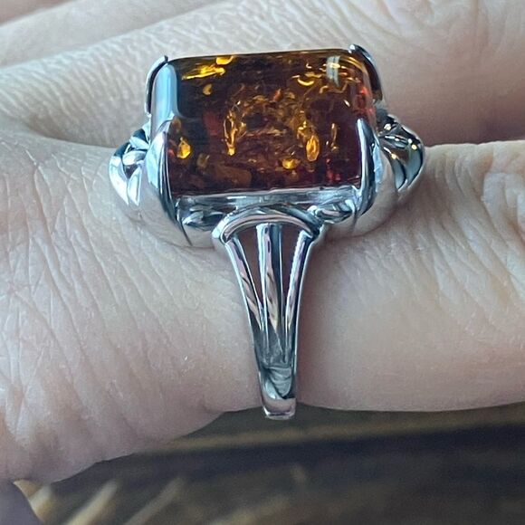 Natural Amber Sterling Silver Cocktail Ring Size 8 - Picture 3 of 10